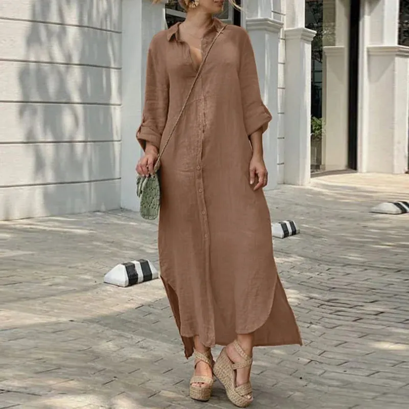 2024 Vintage Solid Tunicas Lapel Button Up Boho Maxi Dress