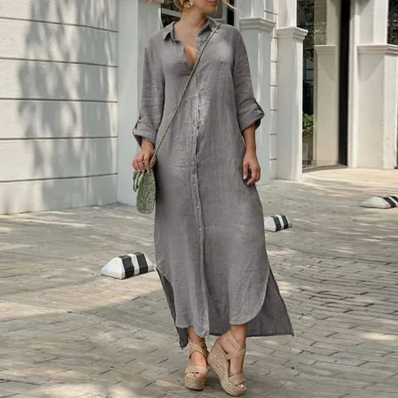 2024 Vintage Solid Tunicas Lapel Button Up Boho Maxi Dress