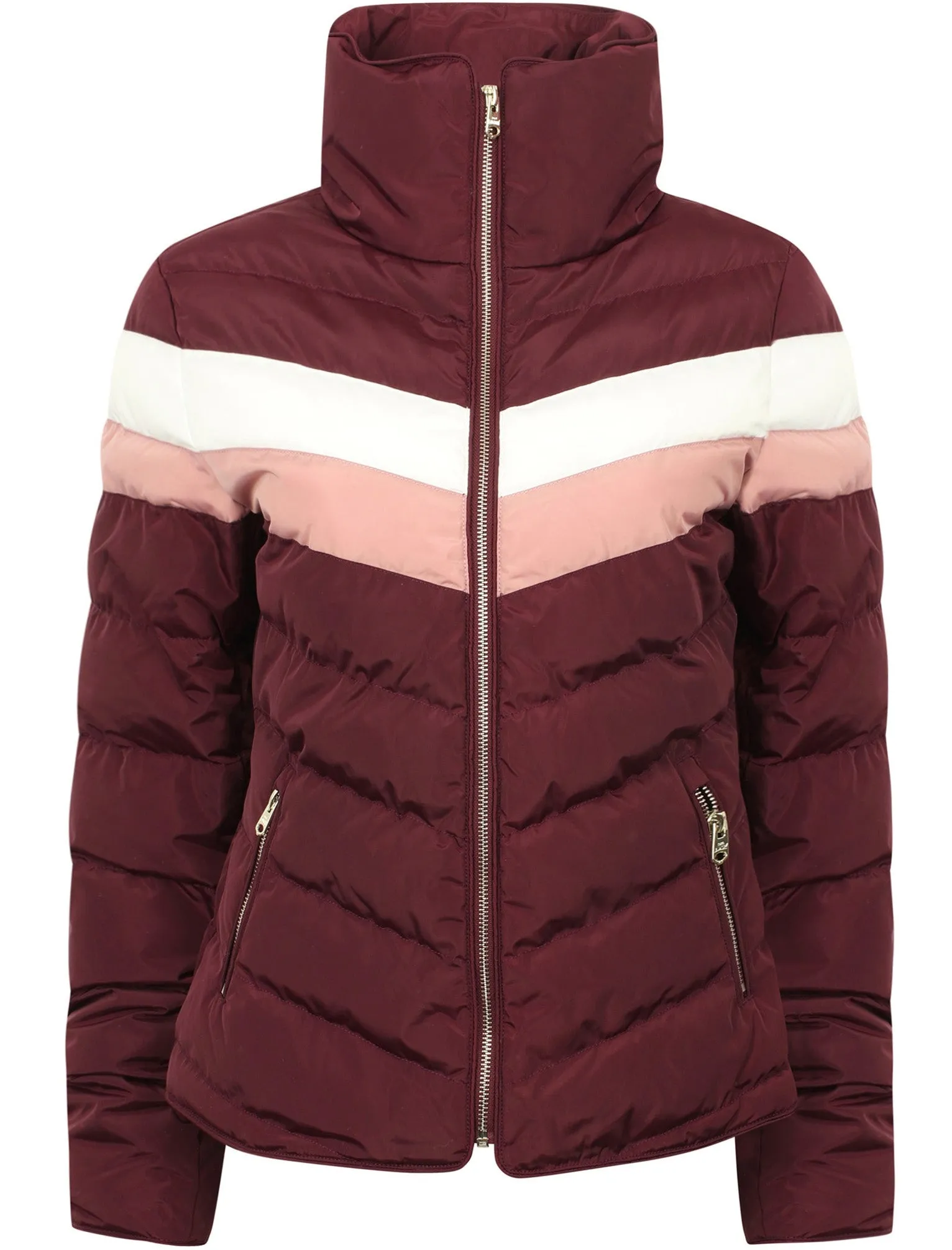 Anise Quilted Puffer Jacket with Chevron Panel In Burgundy - Tokyo Laundry