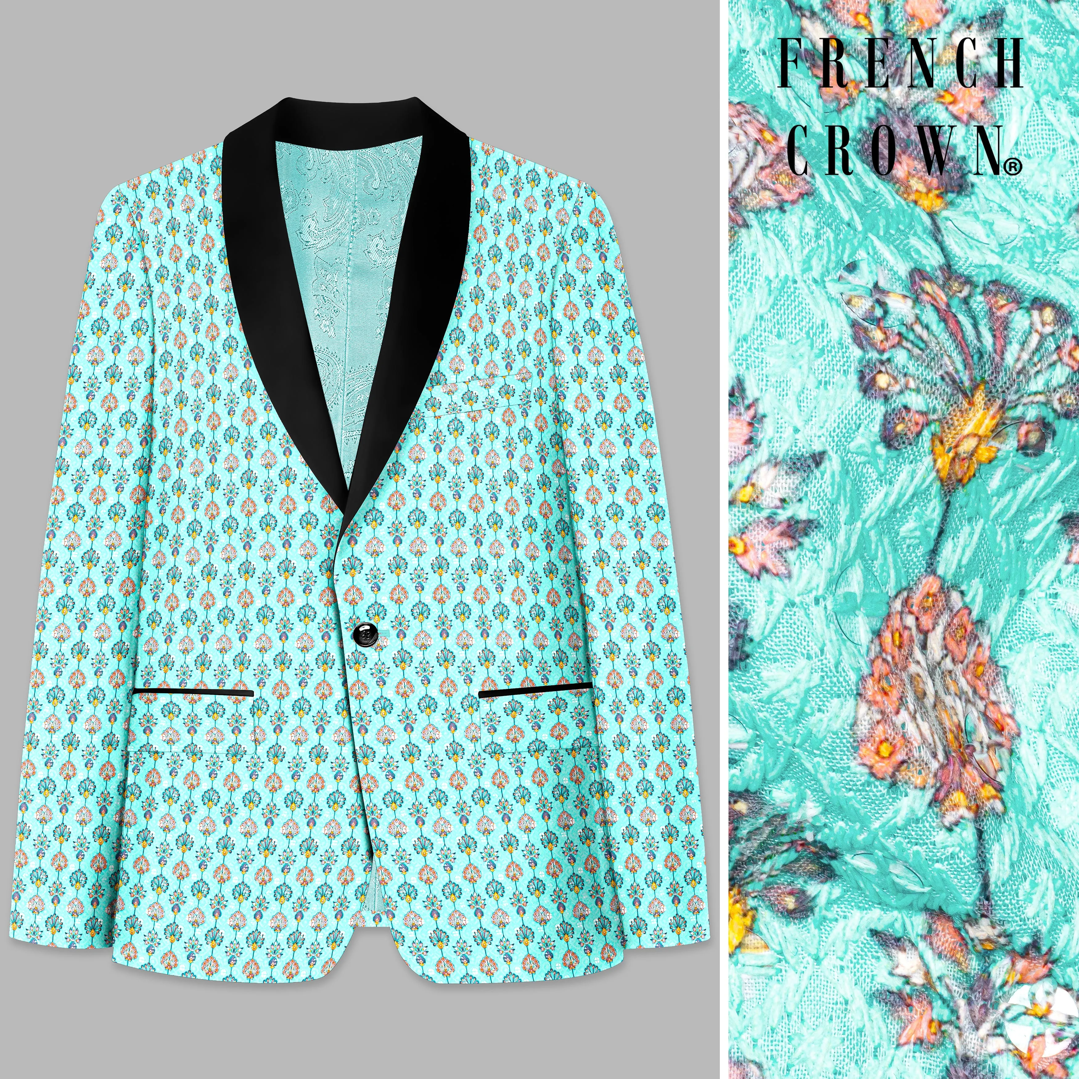 Aquamarine Blue And Tangerine Peach Designer Thread Embroidered Tuxedo Blazer