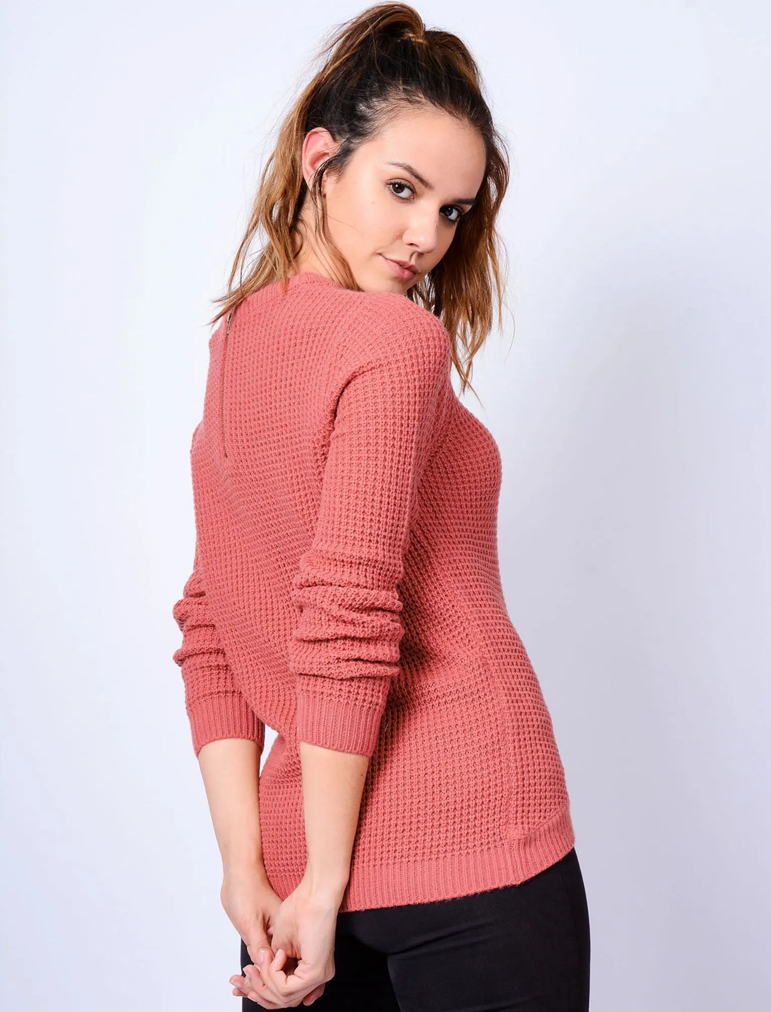 Ar Hockney Crew Neck Jumper with Curved Hem in Canyon Rose - Amara Reya