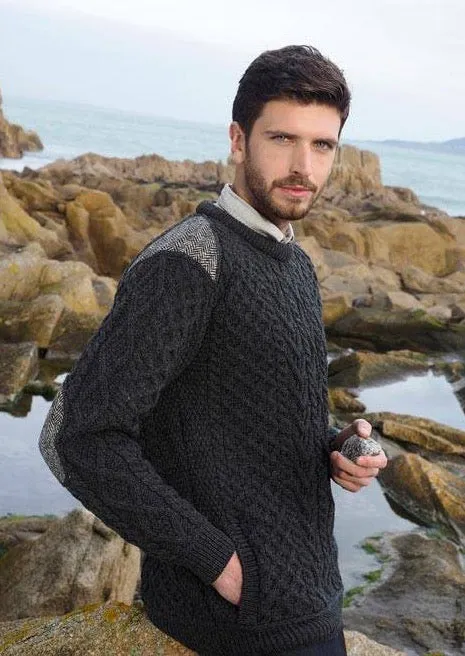 Aran Crafts Crew Neck Tweed Sweater | Charcoal