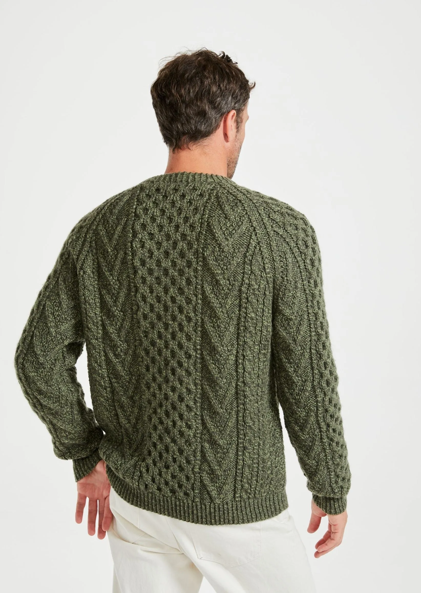 Aran Handknit Crew Neck Sweater | Green