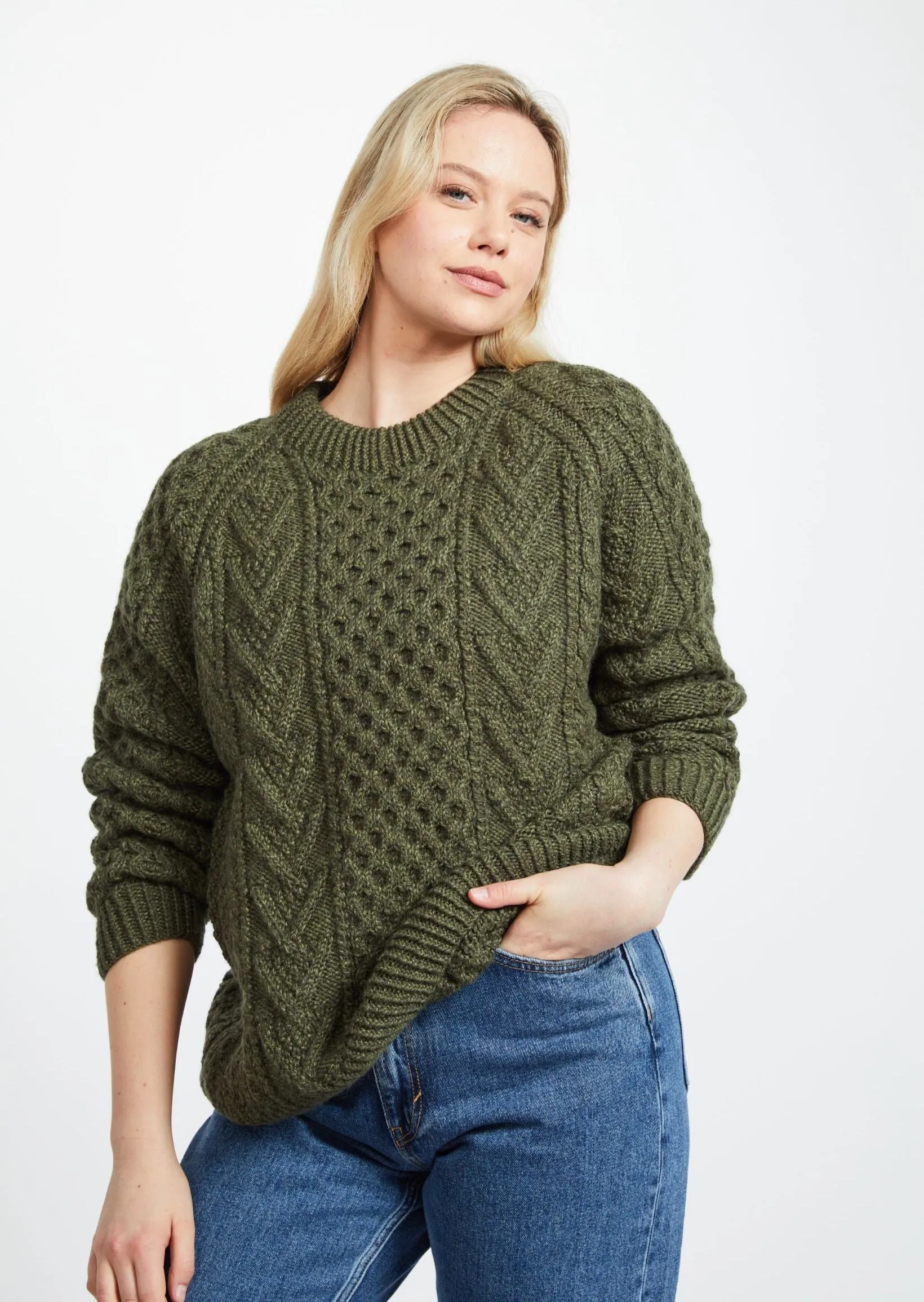 Aran Handknit Crew Neck Sweater | Green