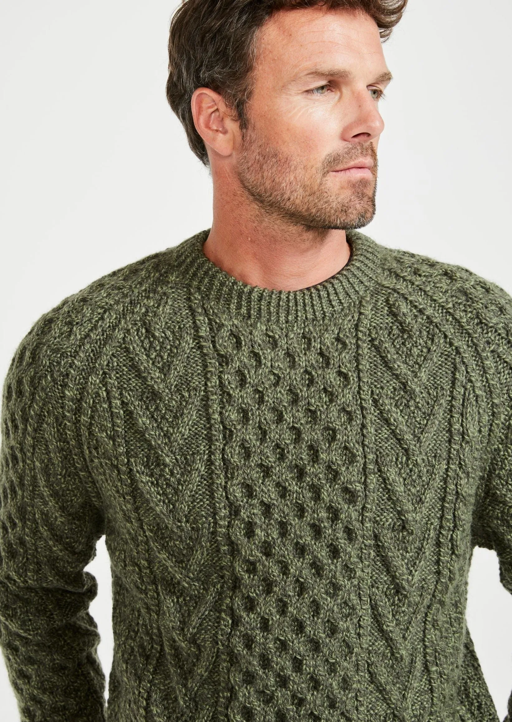 Aran Handknit Crew Neck Sweater | Green