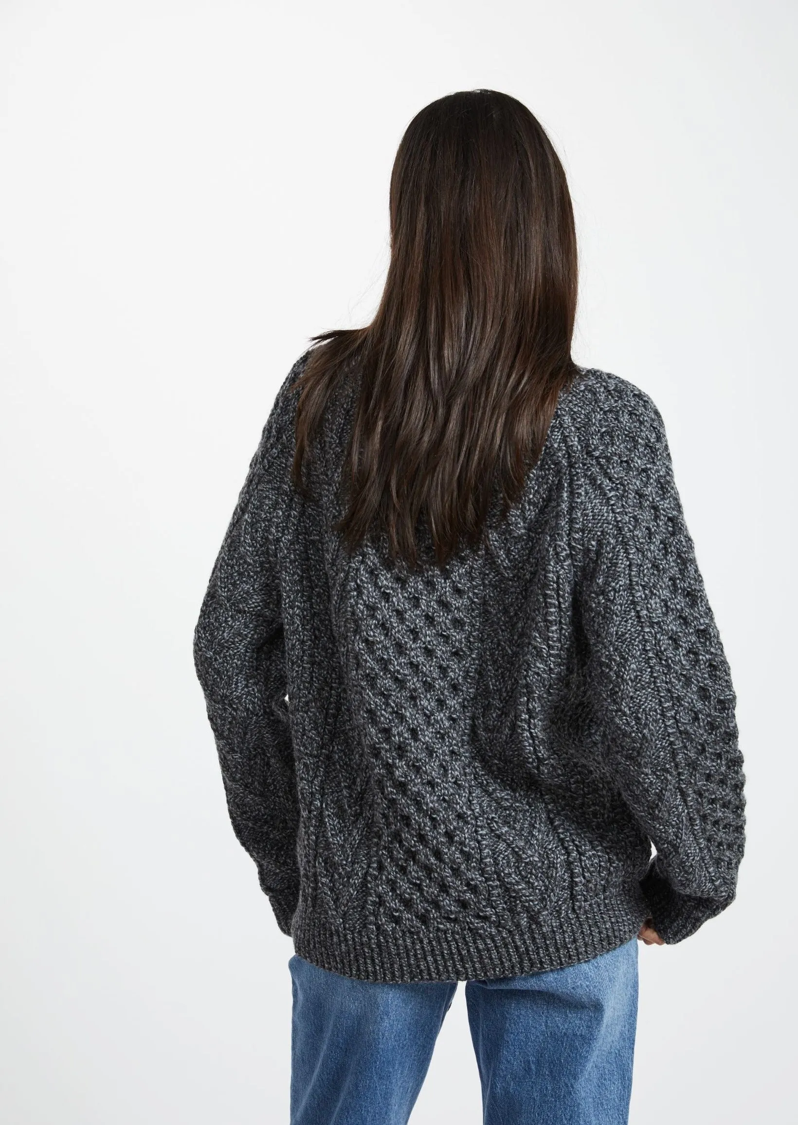 Aran Handknit Crew Neck Sweater | Silver