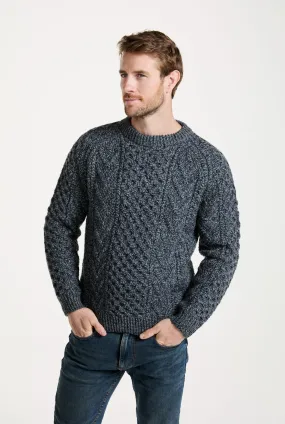 Aran Handknit Crew Neck Sweater | Silver