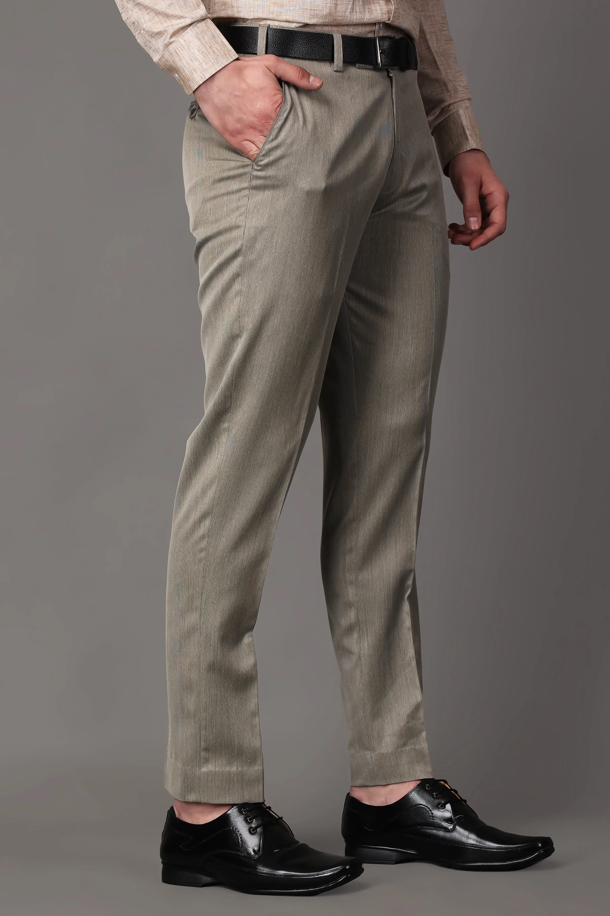 Beige Textured Stretch Trousers