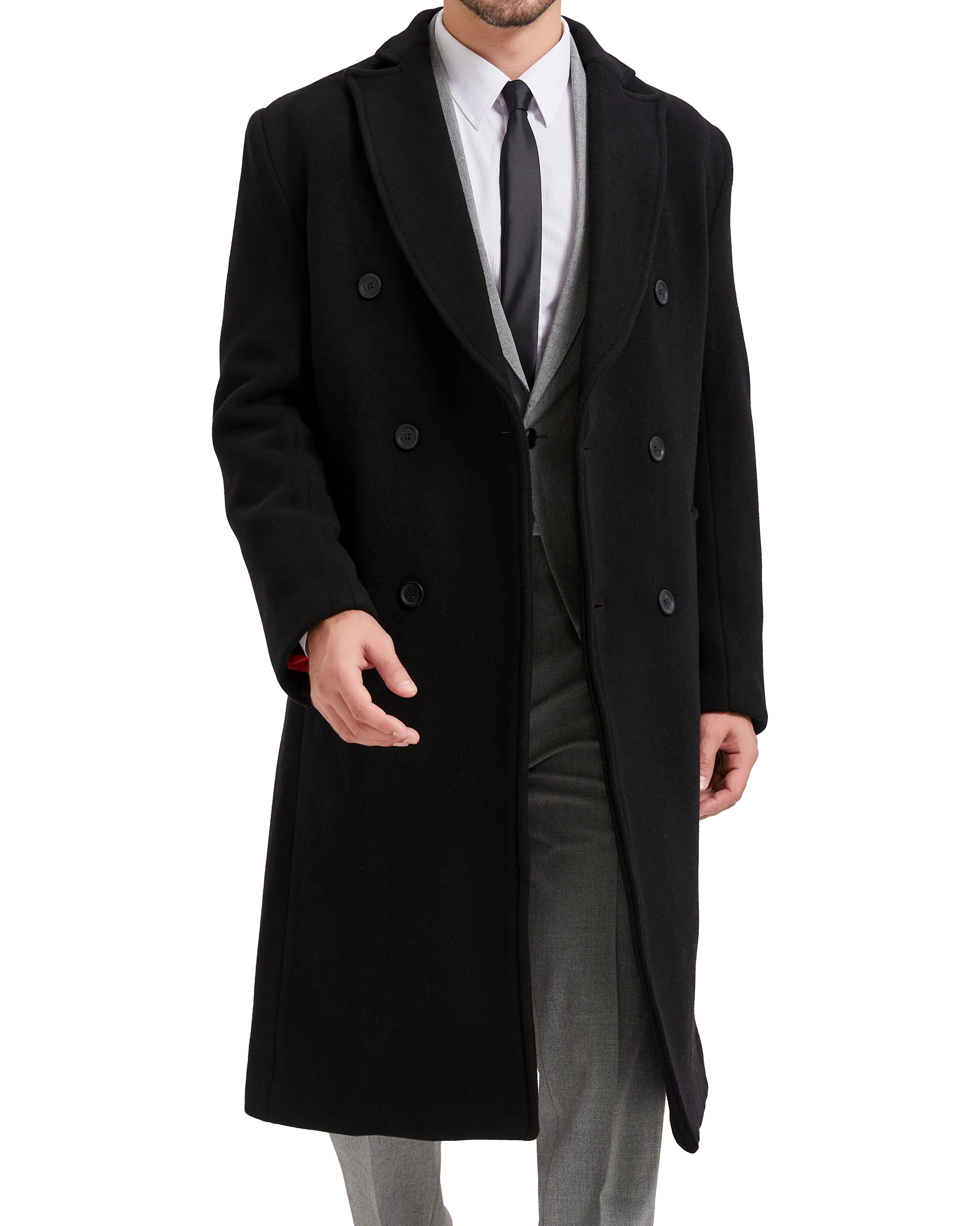 Black Double Breasted Wool Cashmere Long Overcoat Red Lining