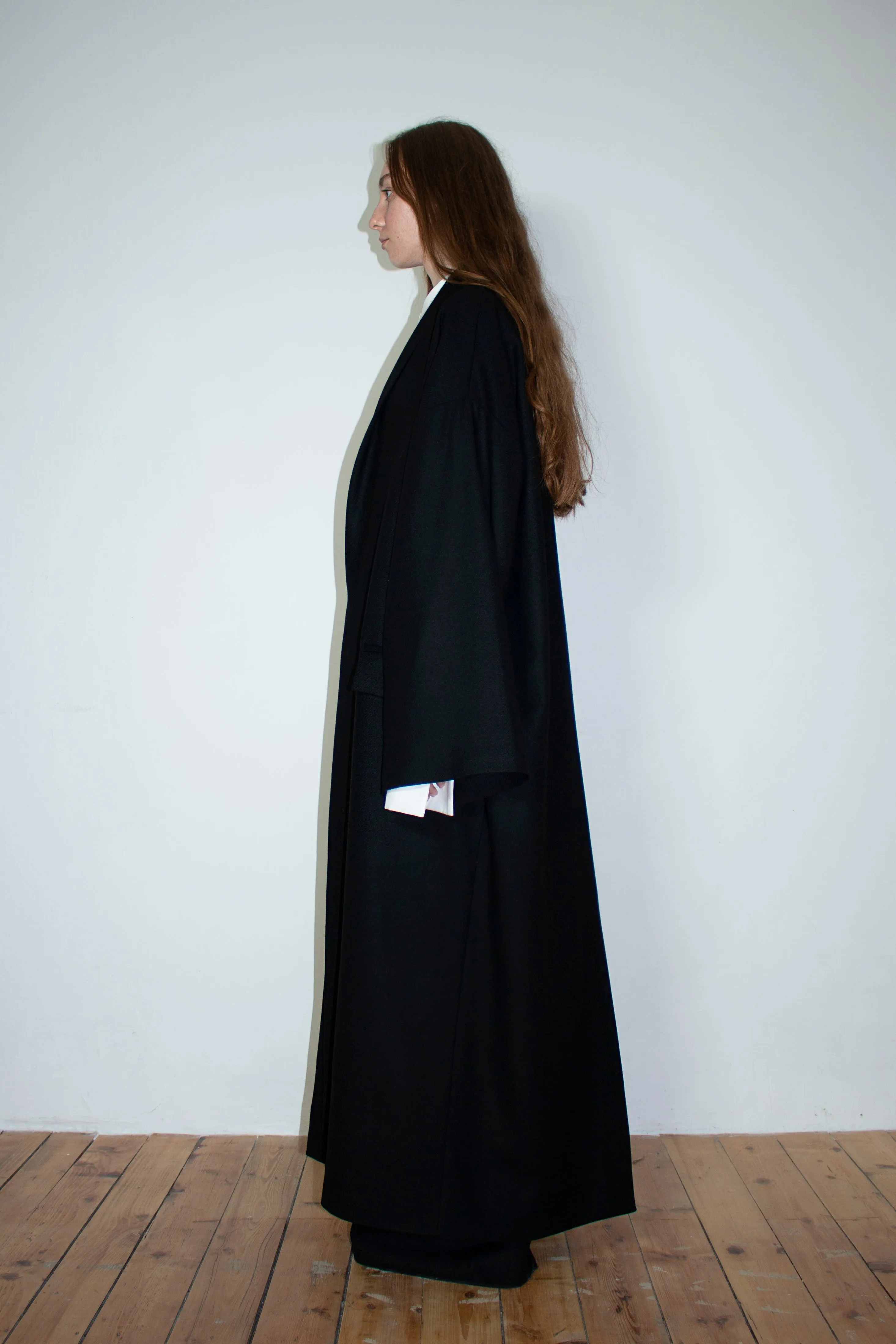 Black double shawl wool coat