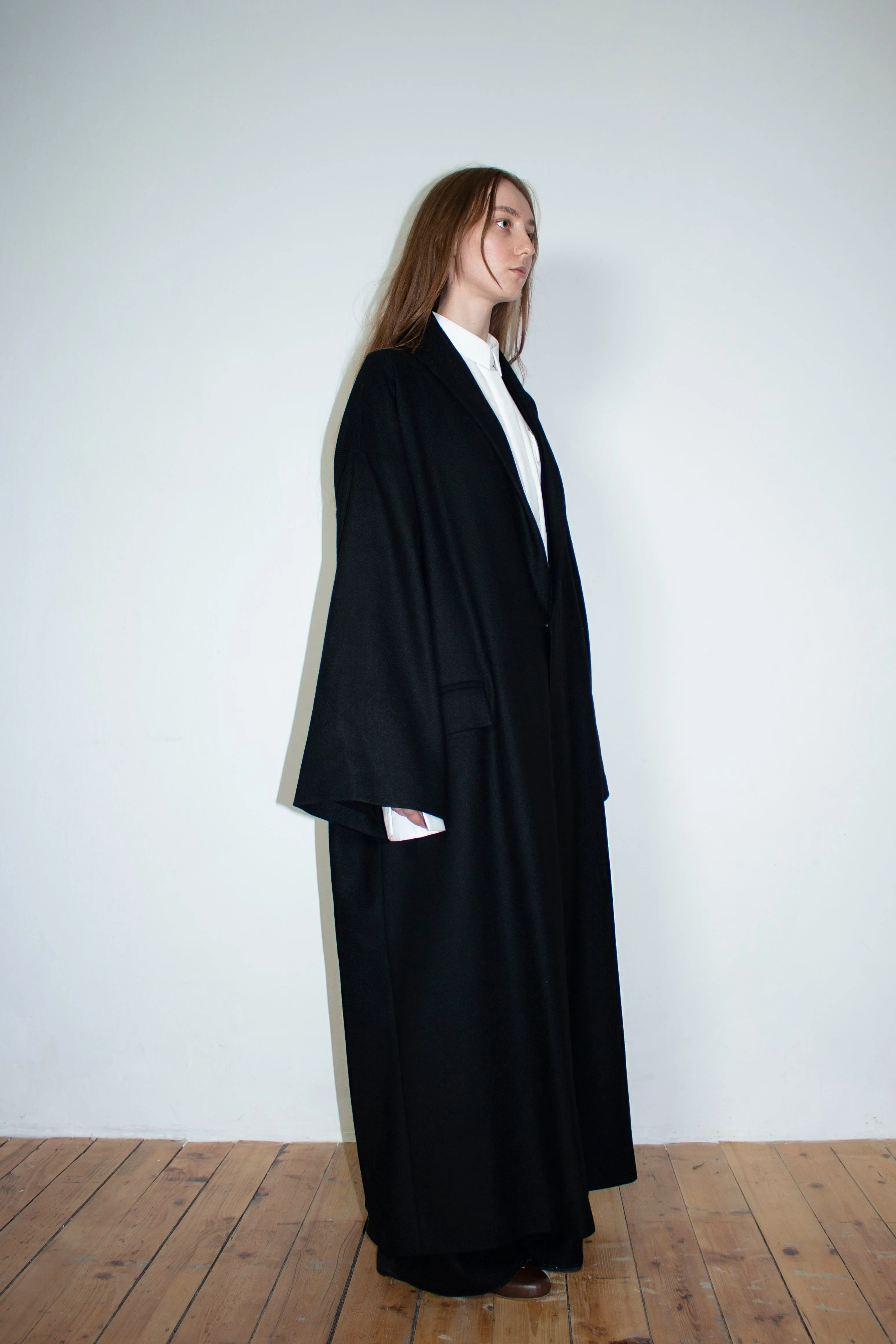 Black double shawl wool coat