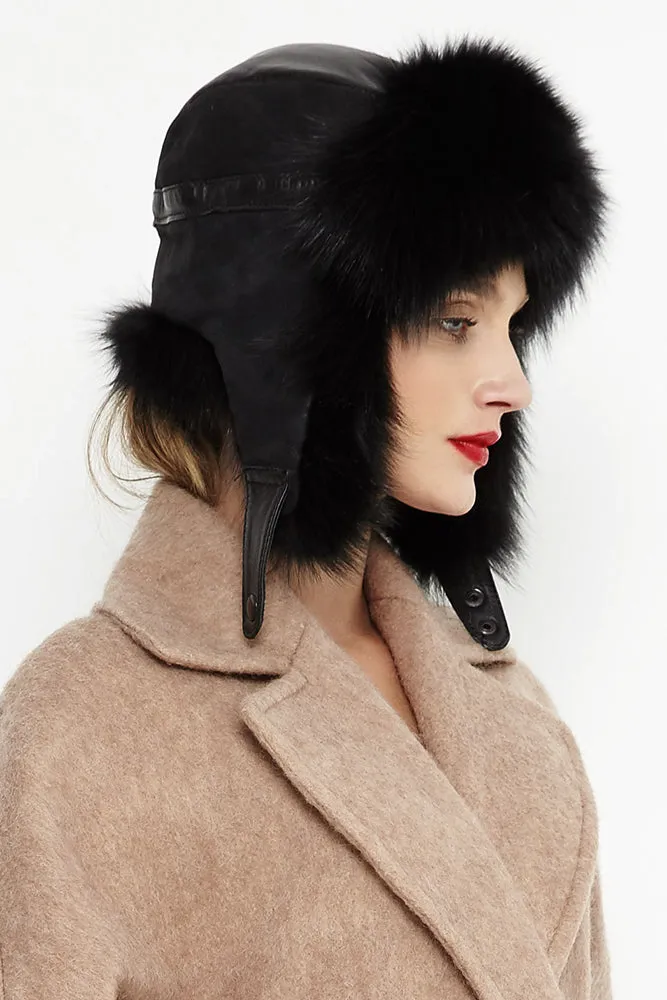 Black Genuine Arctic Fox Fur and Nappa Lamb Leather Hat