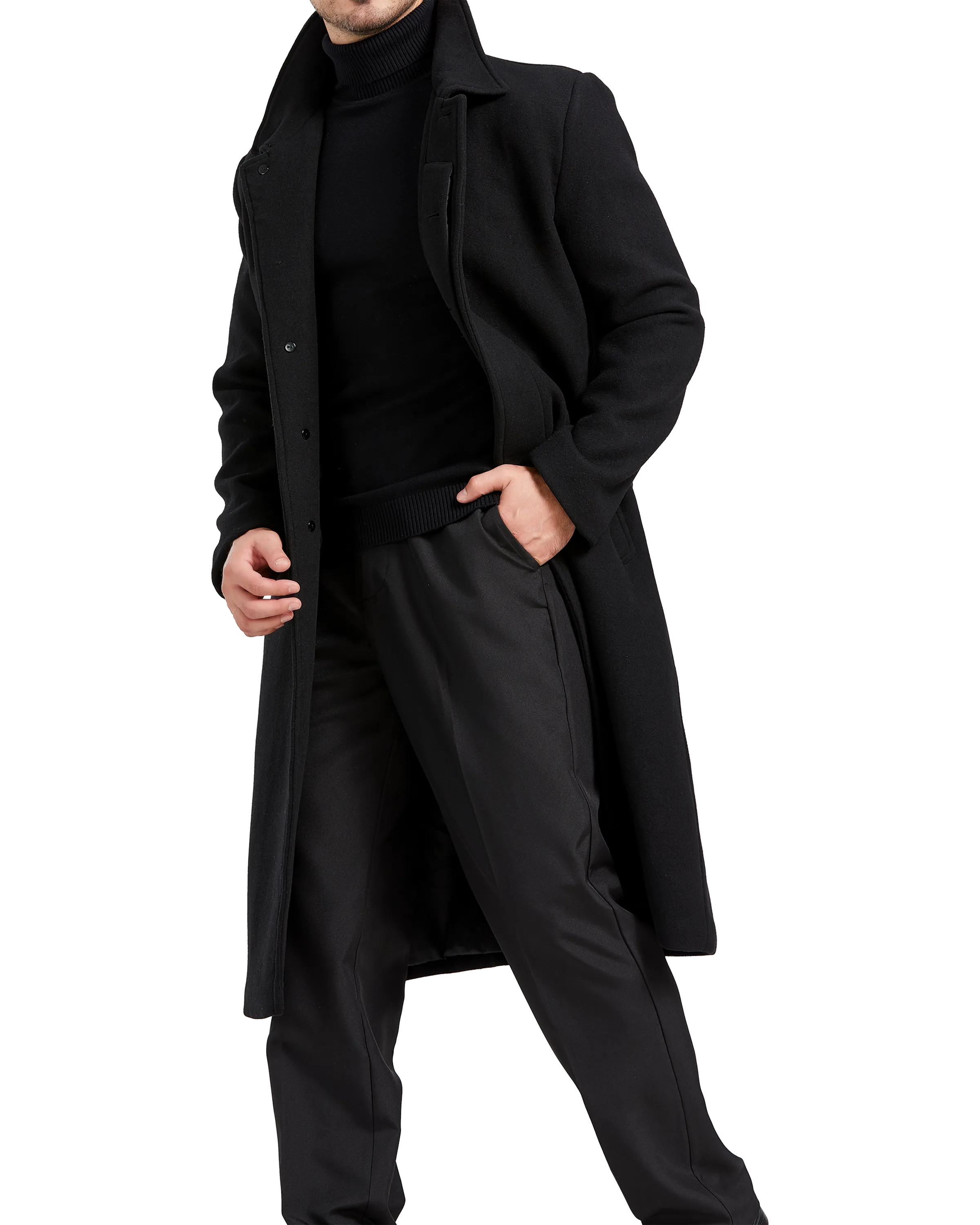 Black Long Wool Cashmere Overcoat Hidden Buttons