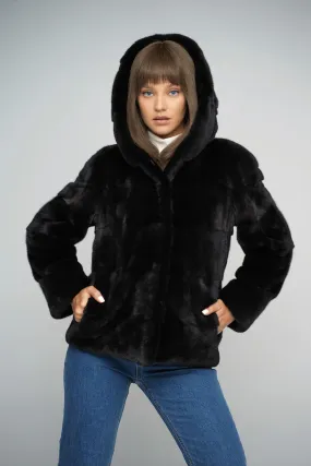 Black Luxury Genuine Mink Fur Hooded Jacket