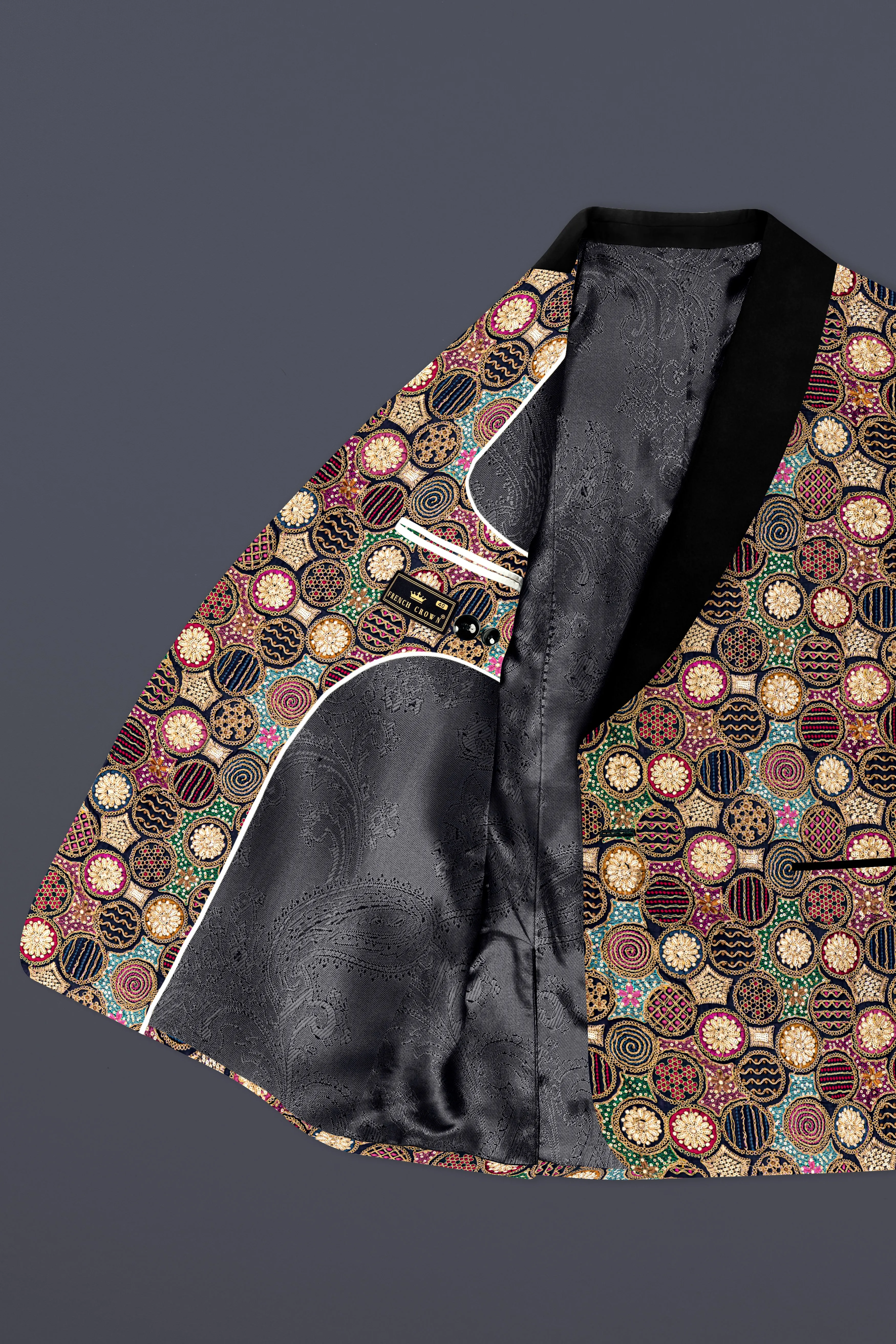 Black with Multicolor Heavy Embroidered Tuxedo Blazer