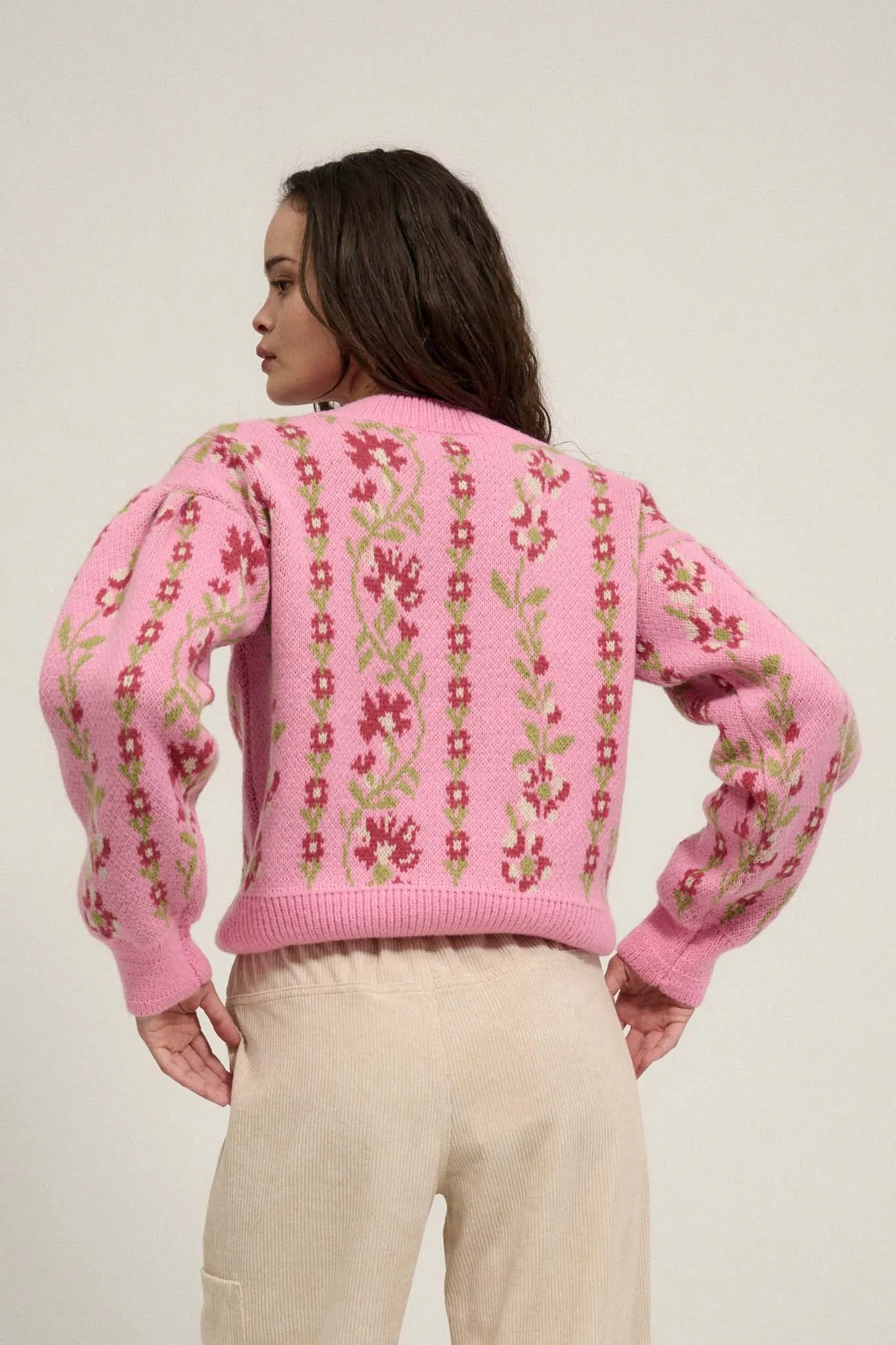 Blooming Vines Floral Knit Balloon-Sleeve Sweater