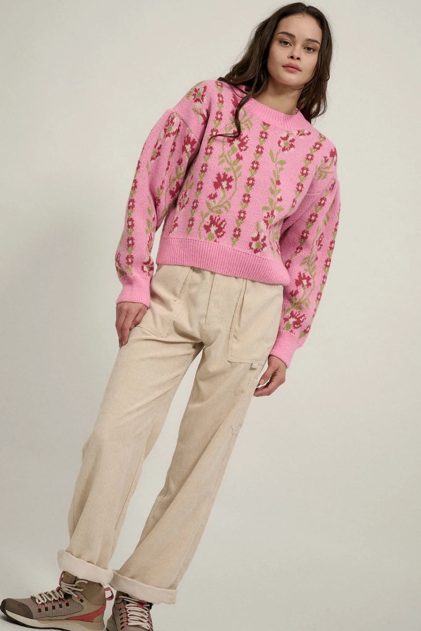 Blooming Vines Floral Knit Balloon-Sleeve Sweater