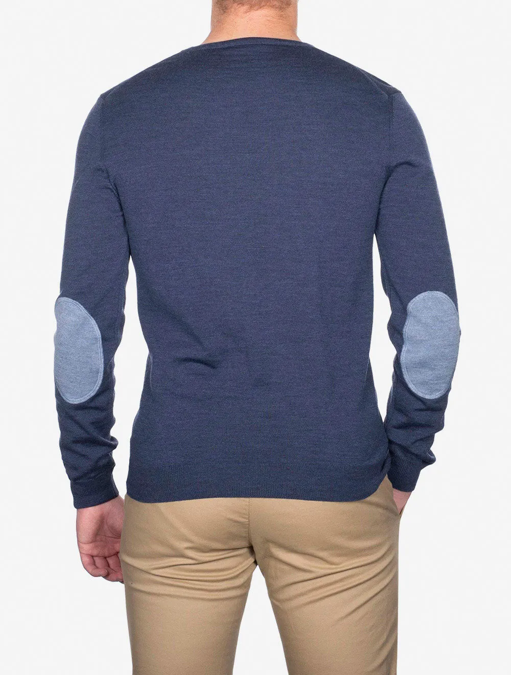 Blue Crew Neck with patch Merino Wool Jumper