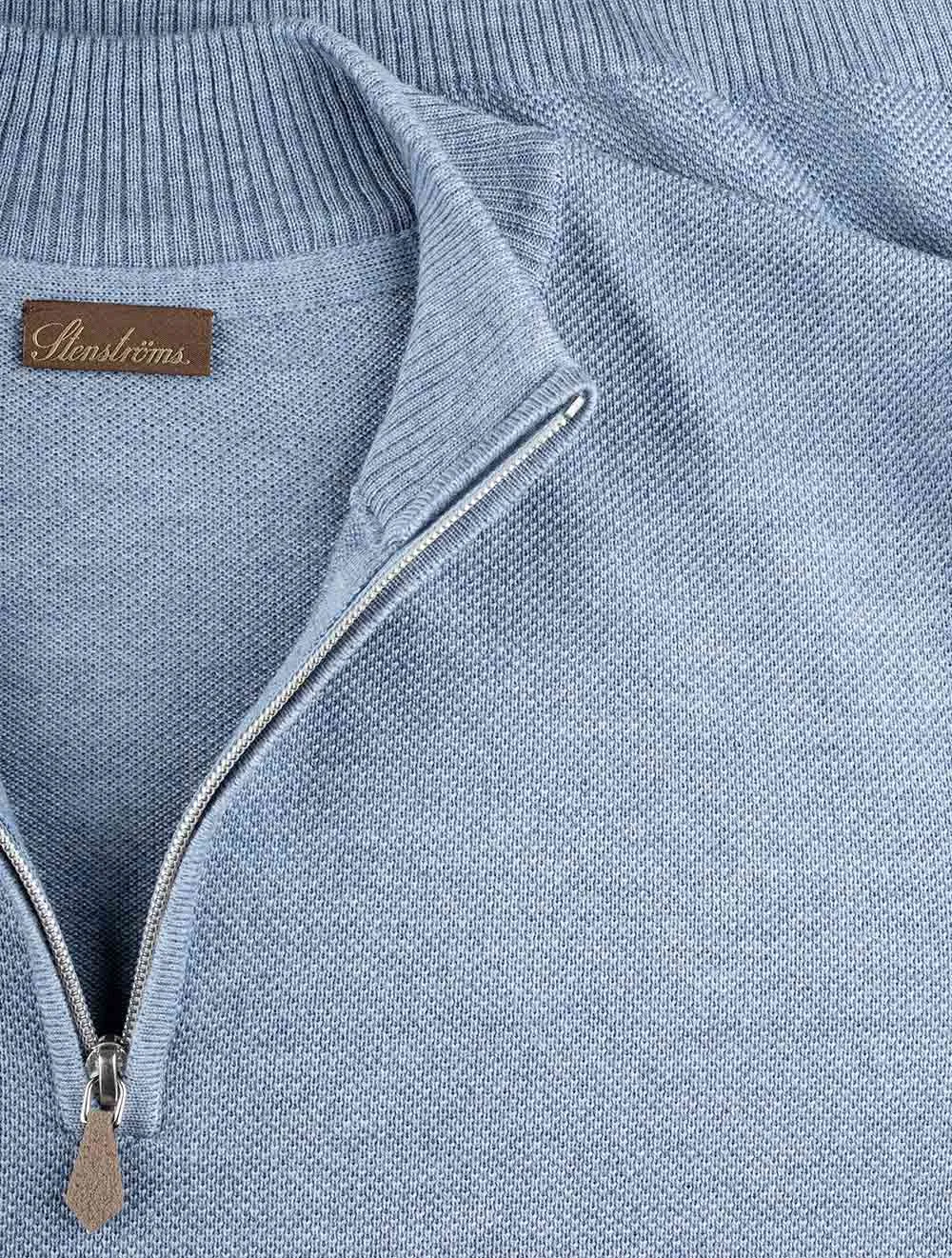 Blue Half Zip Textured Merino Wool Jumper