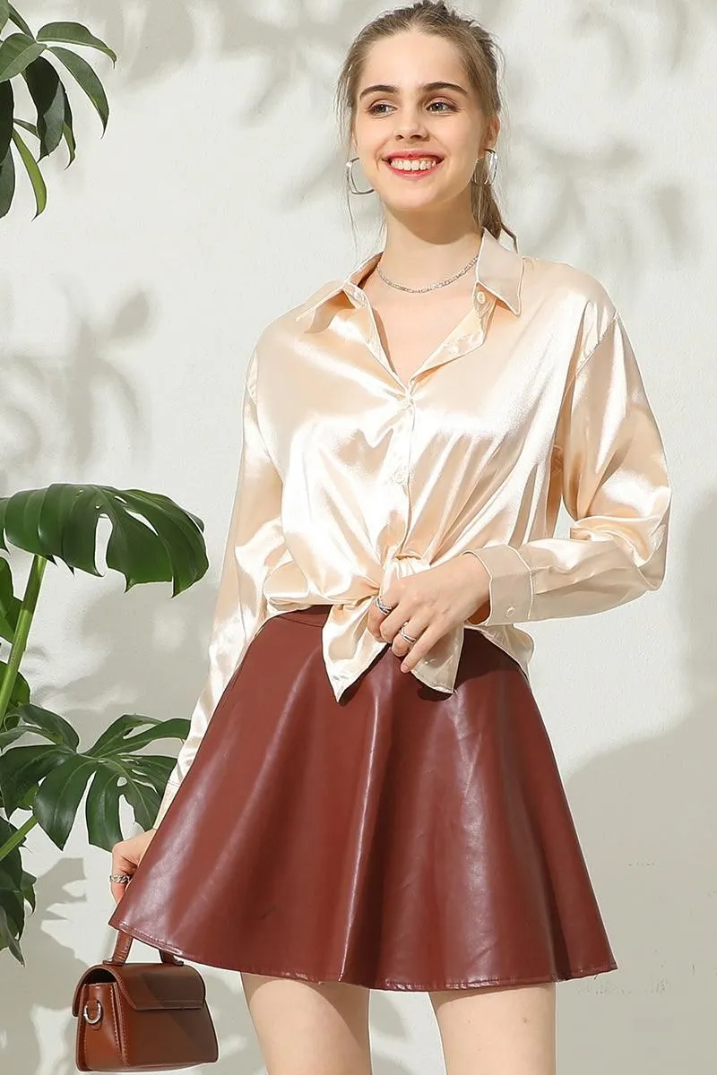 BOTTON DOWN SOLID COLOR SILK SATIN LONG SLEEVED SHIRT