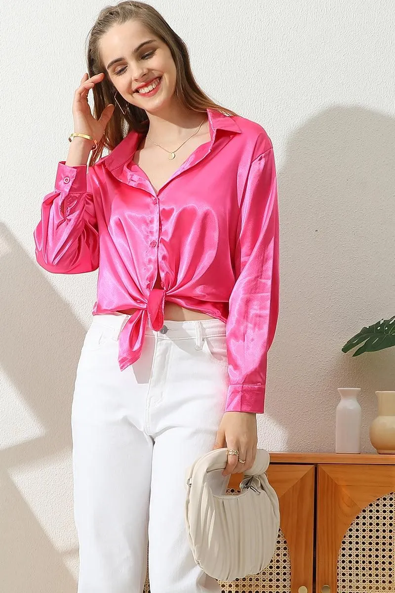 BOTTON DOWN SOLID COLOR SILK SATIN LONG SLEEVED SHIRT