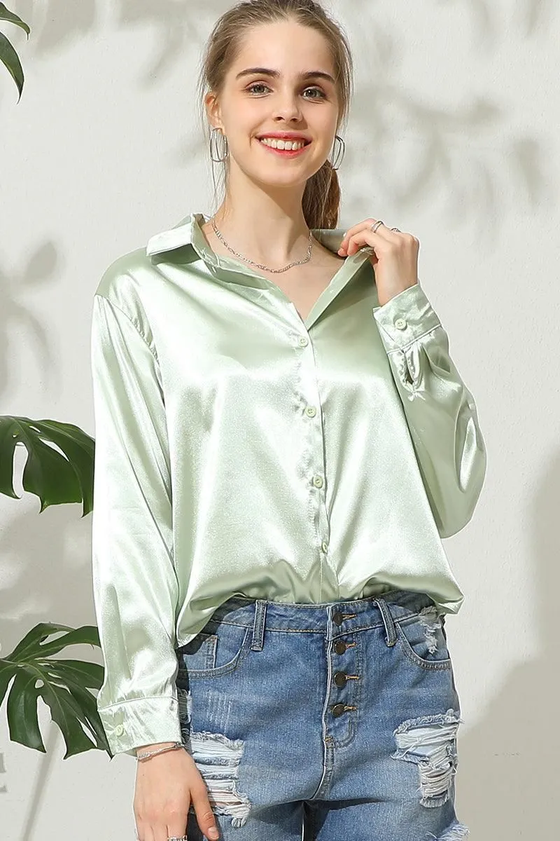 BOTTON DOWN SOLID COLOR SILK SATIN LONG SLEEVED SHIRT