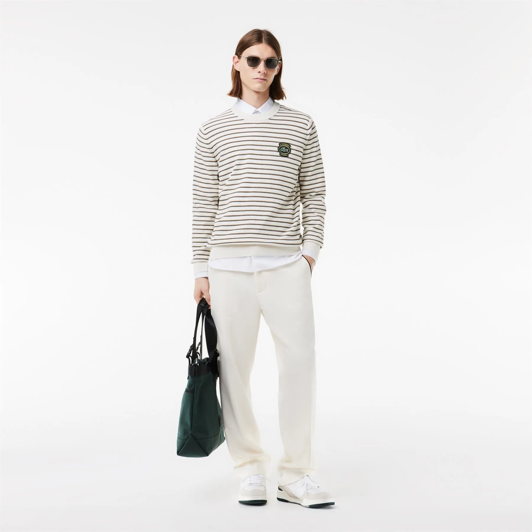 Classic Fit Striped Cotton Crew Neck Sweatshirt White/Beige - SS24