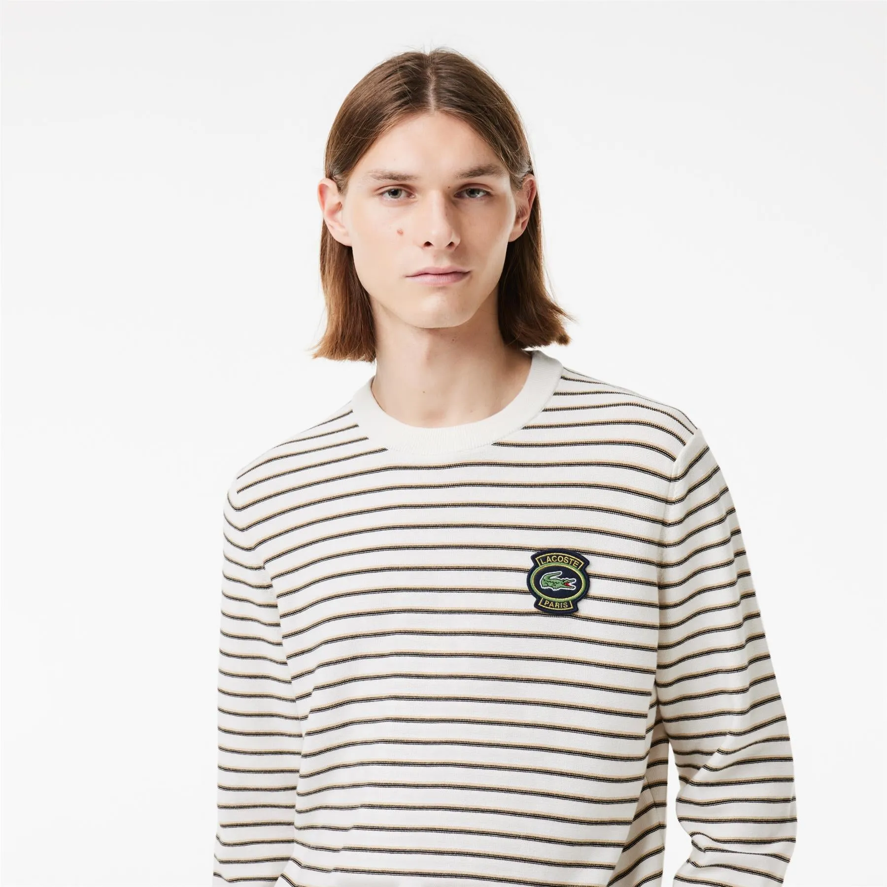 Classic Fit Striped Cotton Crew Neck Sweatshirt White/Beige - SS24