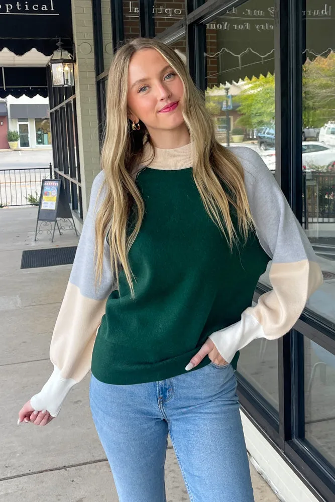 Color Block Mock Neck Sweater Top-Hunter Green