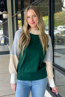 Color Block Mock Neck Sweater Top-Hunter Green