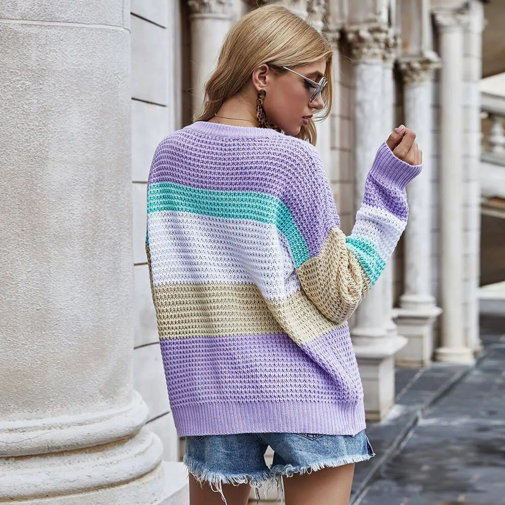 Colorful Rainbow Stripe Crew Neck Oversized Pullover Sweater