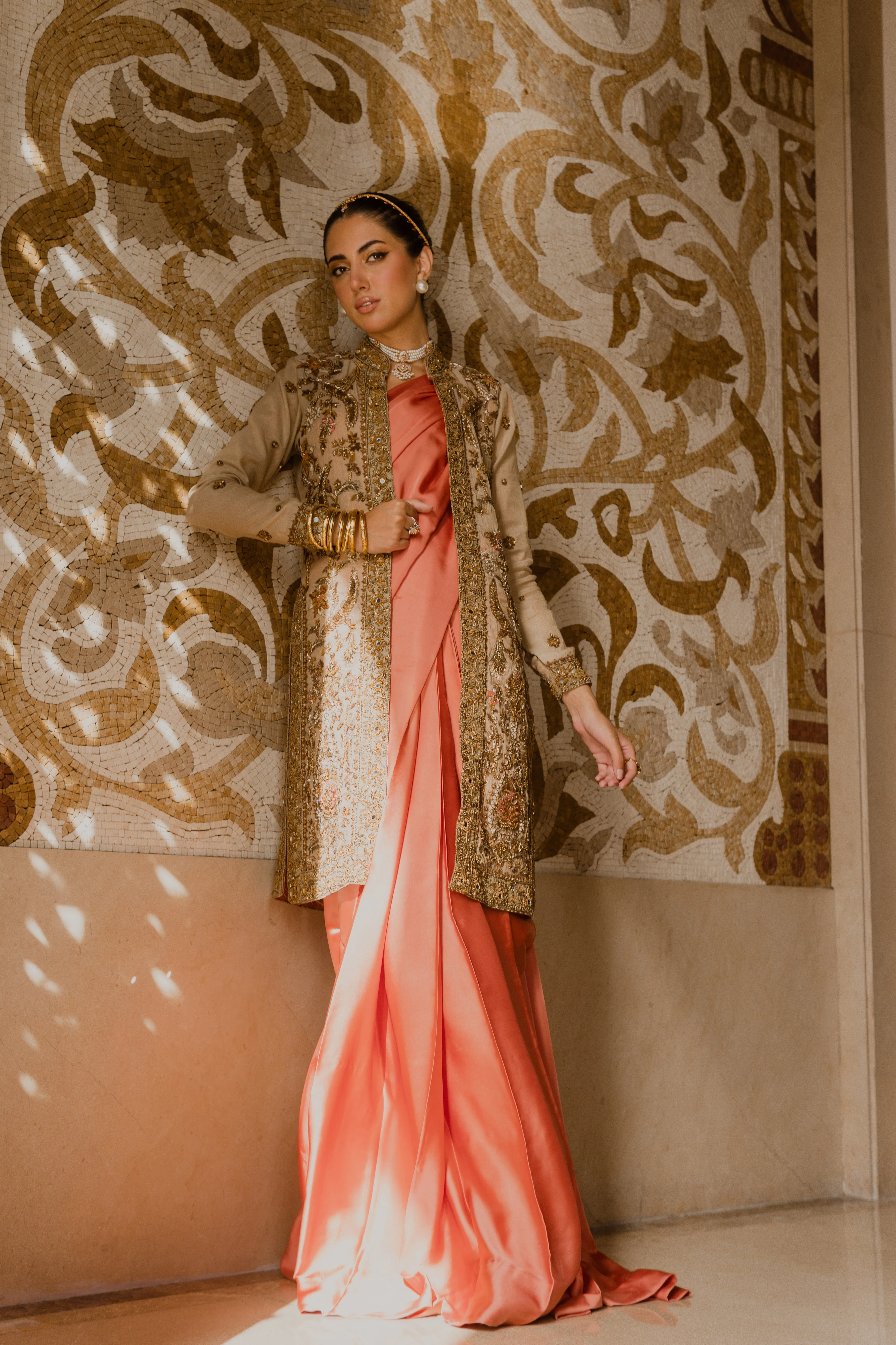 Coral Deluxe – Coral Pink Charmeuse Silk Saree Paired with embellished Organza Jacket