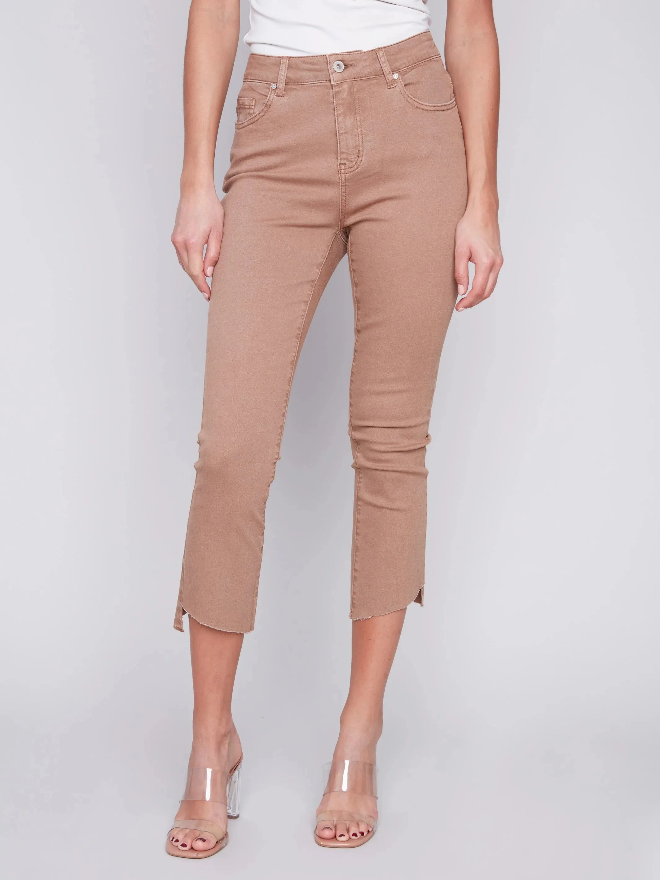 Cropped Bootcut Twill Pants with Asymmetrical Hem