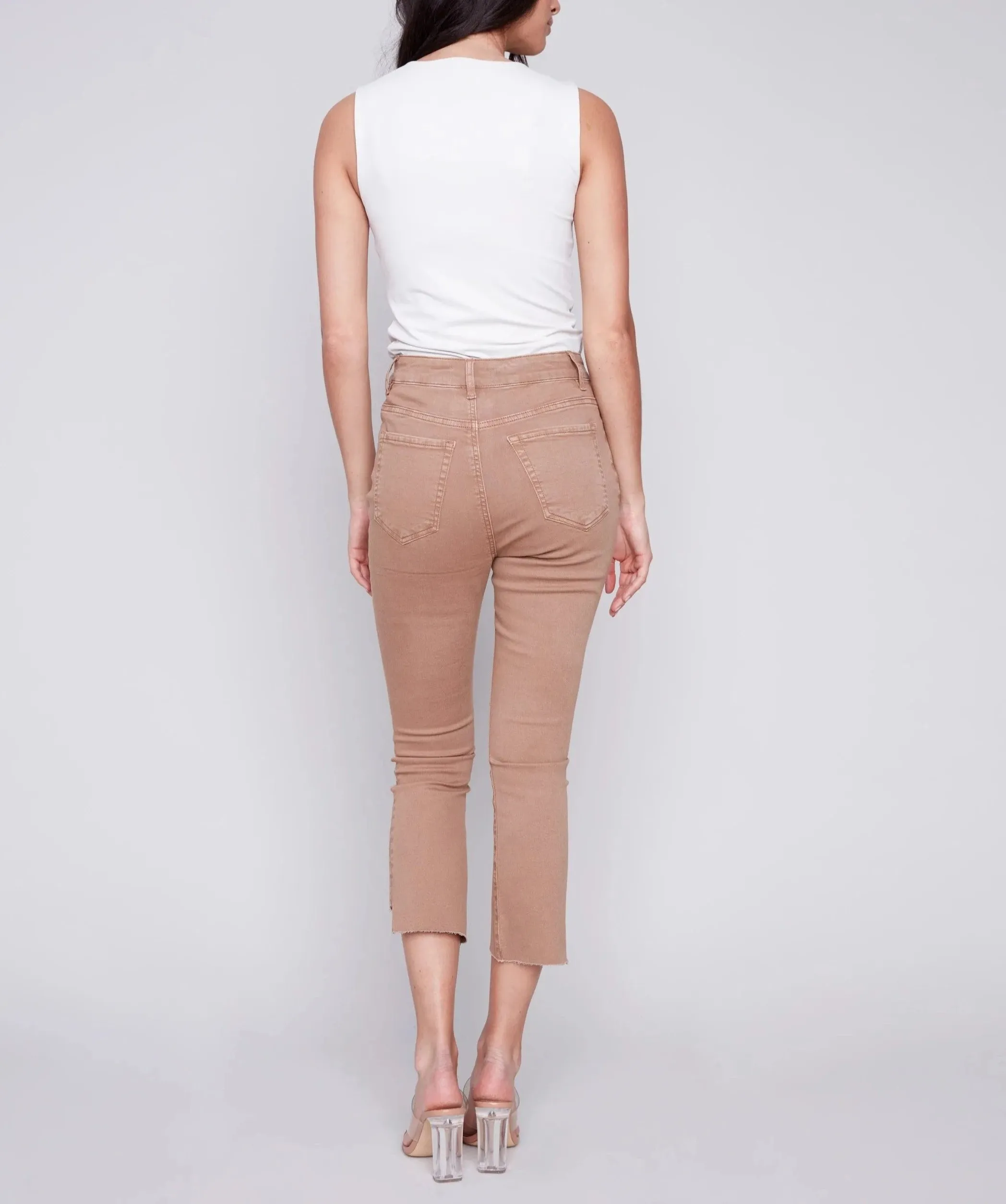 Cropped Bootcut Twill Pants with Asymmetrical Hem