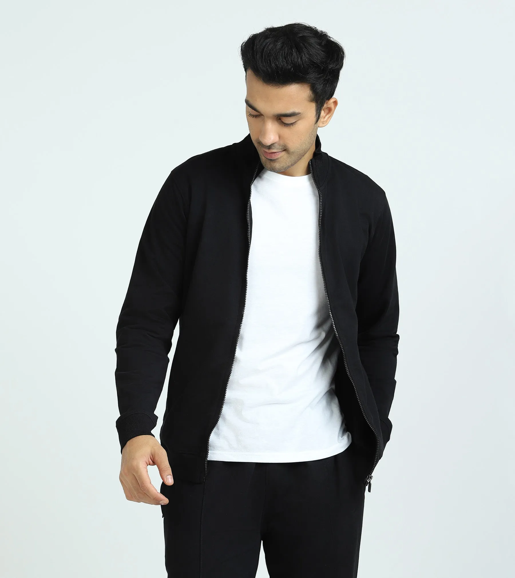 Cruze French Terry Cotton Zip-Up Jacket and Joggers Co-Ord Set Pitch Black