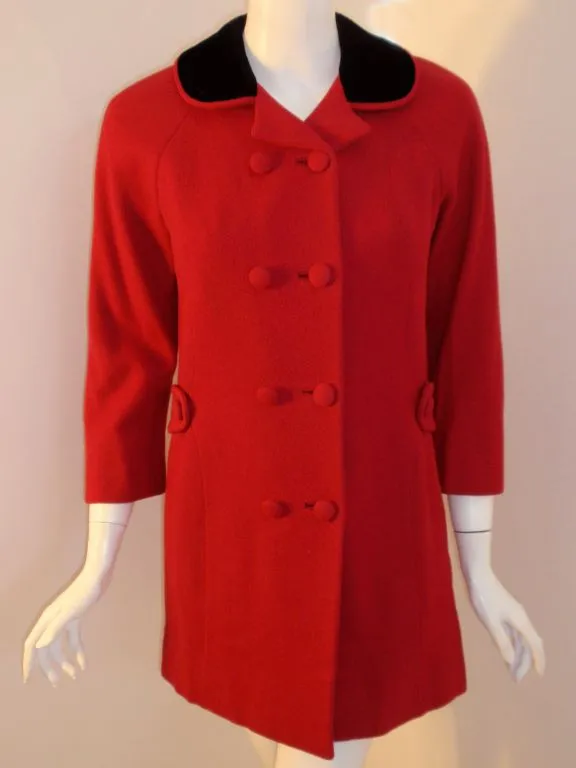 DON LOPER 1950s Red Wool Coat with Black Velvet Collar