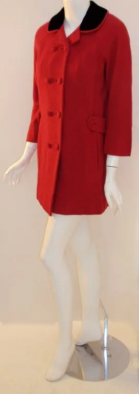 DON LOPER 1950s Red Wool Coat with Black Velvet Collar