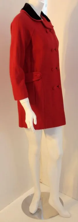 DON LOPER 1950s Red Wool Coat with Black Velvet Collar