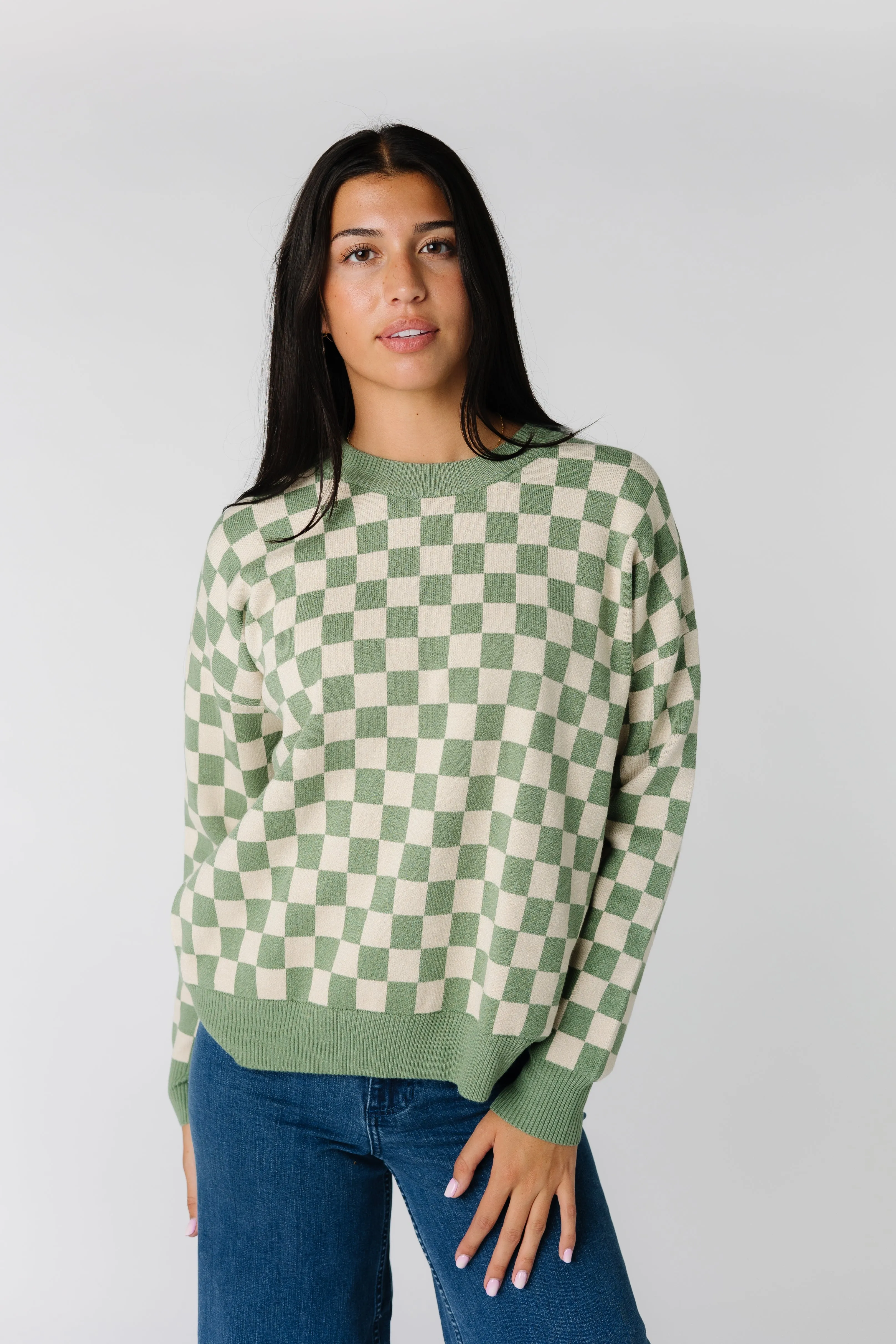 Easy Street Checkered Crew Neck Sweater