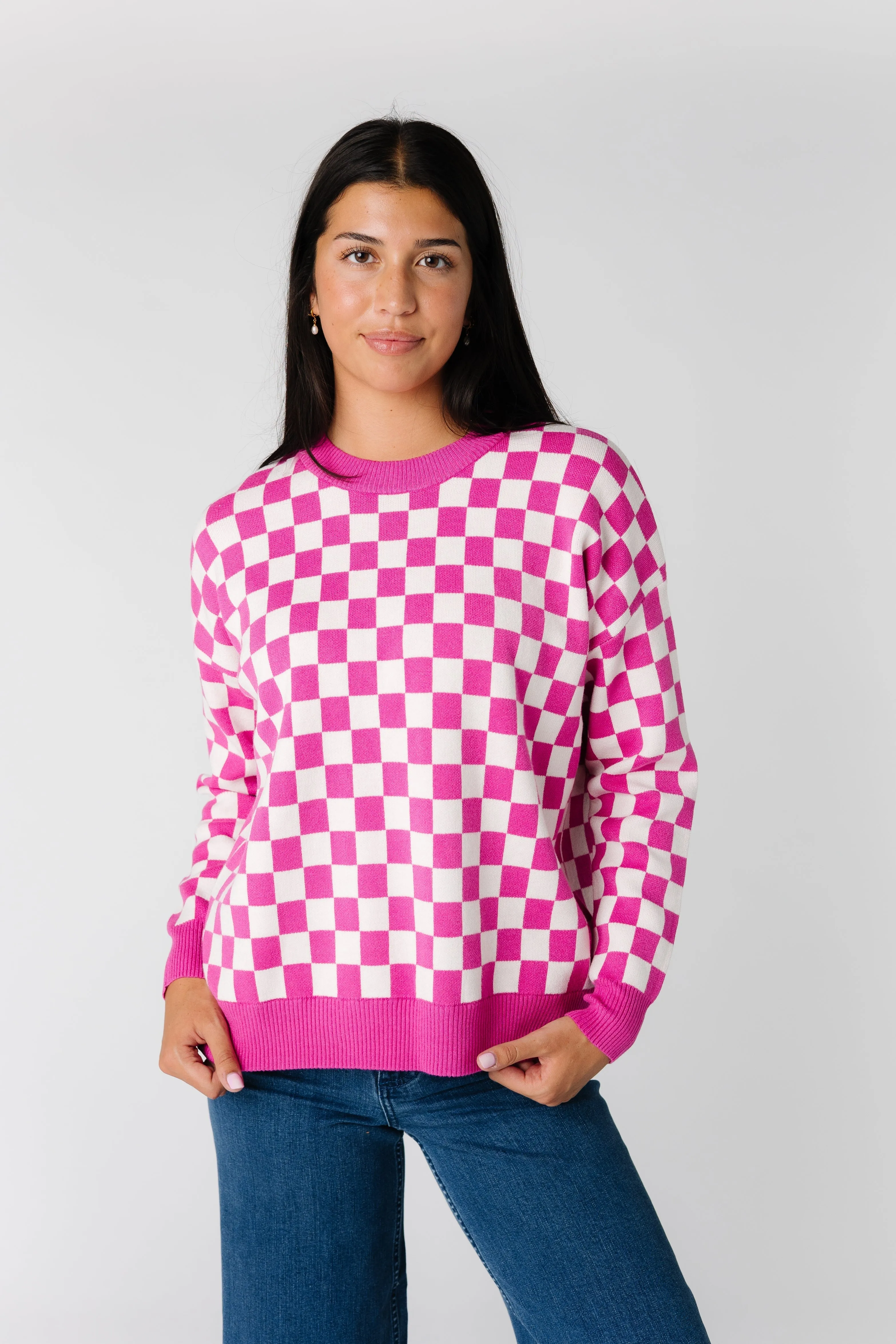 Easy Street Checkered Crew Neck Sweater