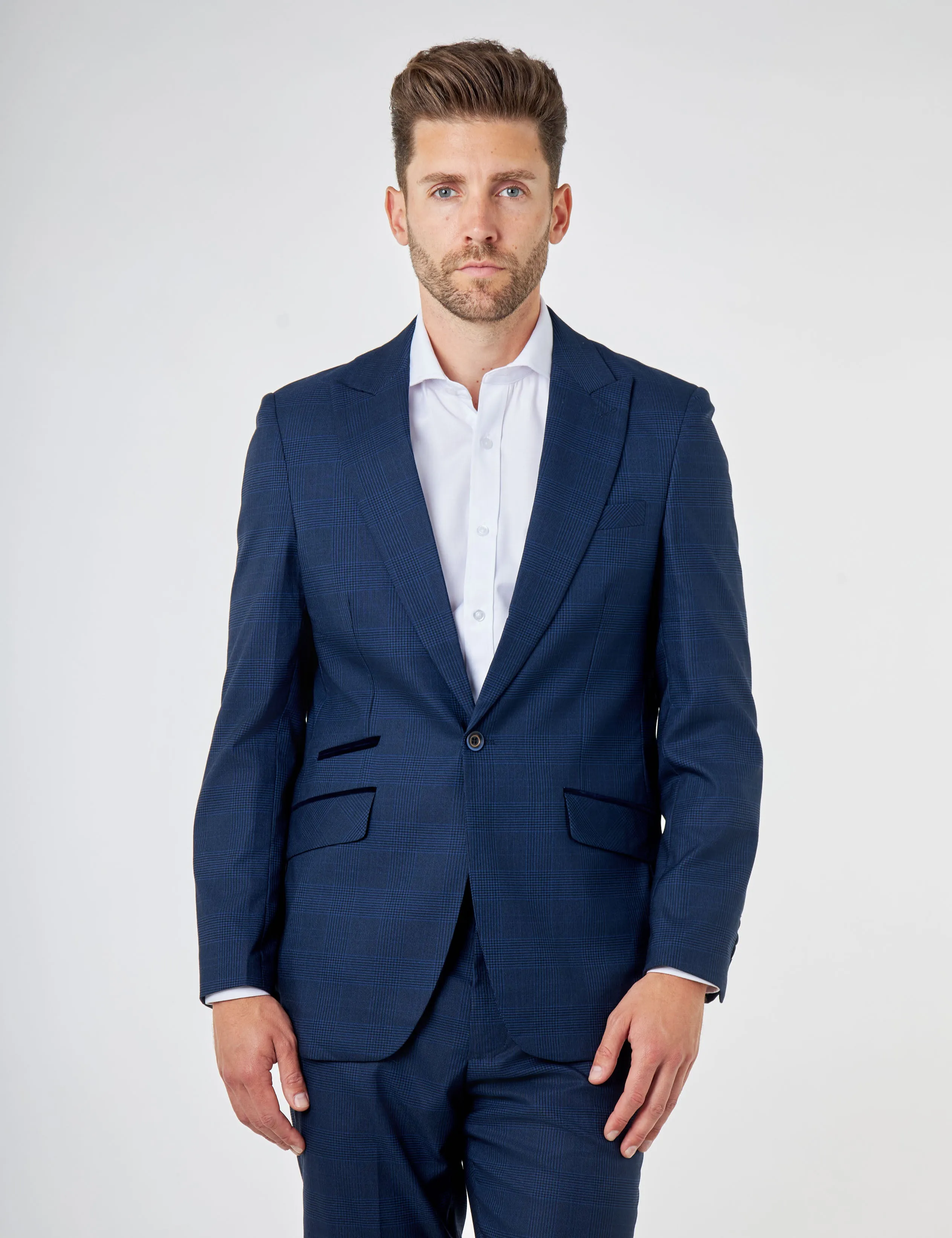 EKON - Navy Prince of Wales Check Suit Tailored Fit