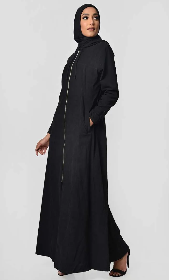 Fall Front Zipper corduroy Abaya Dress