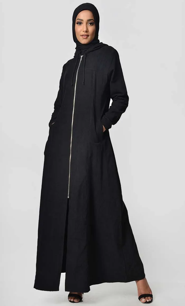 Fall Front Zipper corduroy Abaya Dress