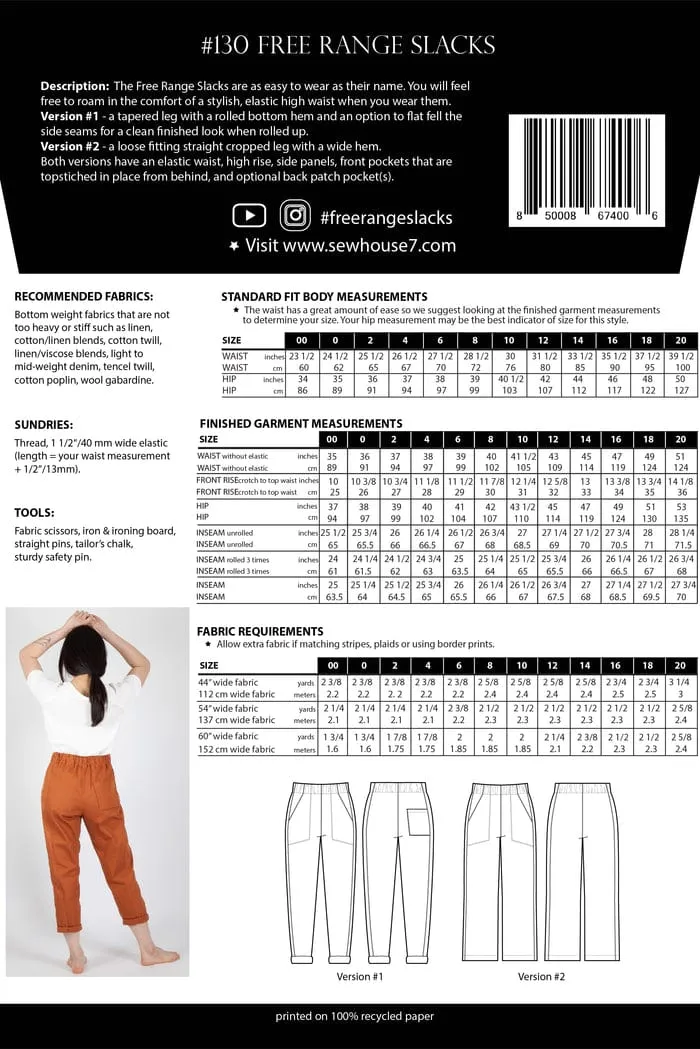 Free-Range Slacks Sewing Pattern, Sew House Seven