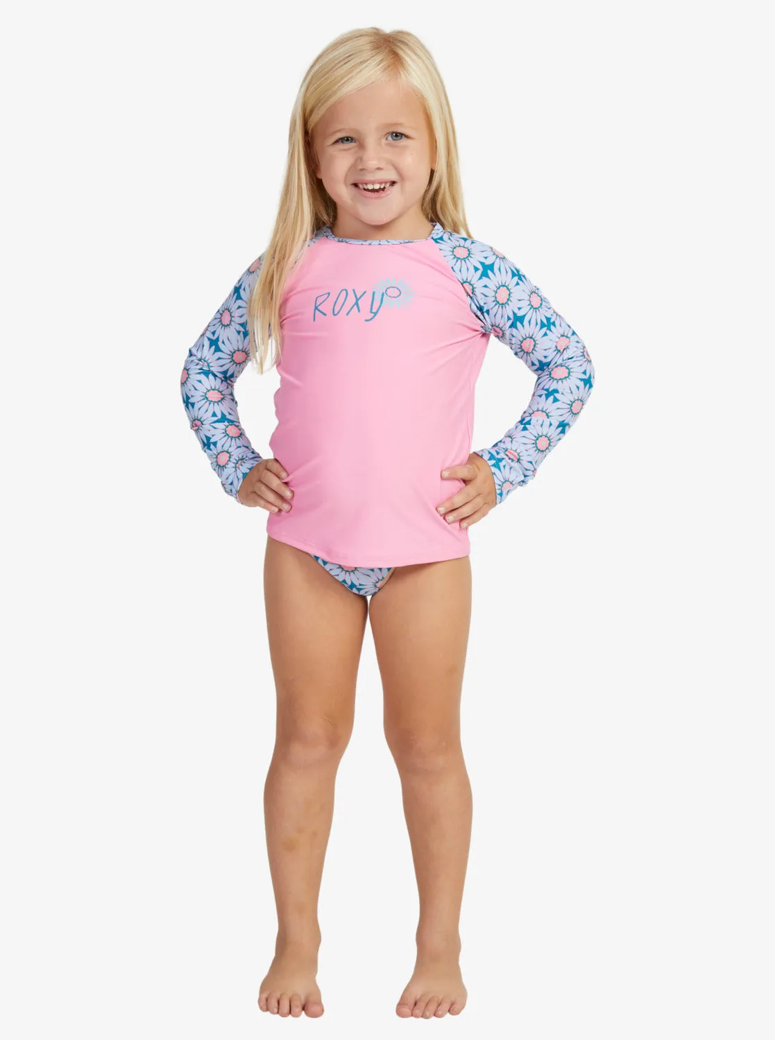 Girls 2-7 Bold Florals Long Sleeve Rashguard Set - Crystal Teal Sol Flower