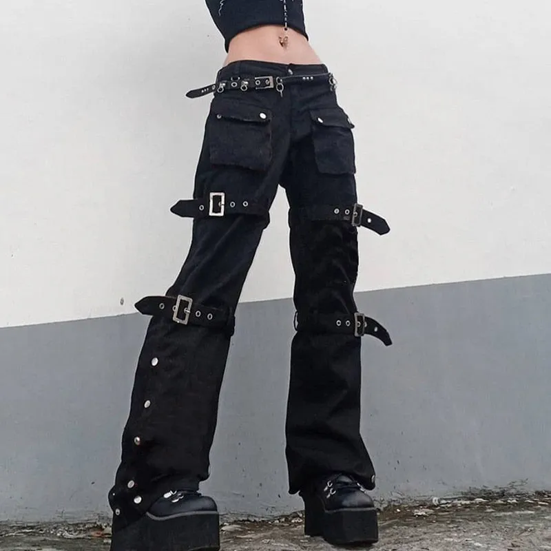 Gothic Emo Alt Cargo Pants Techwear Hippie Baggy Jeans Mom Goth Punk Black Denim Trousers