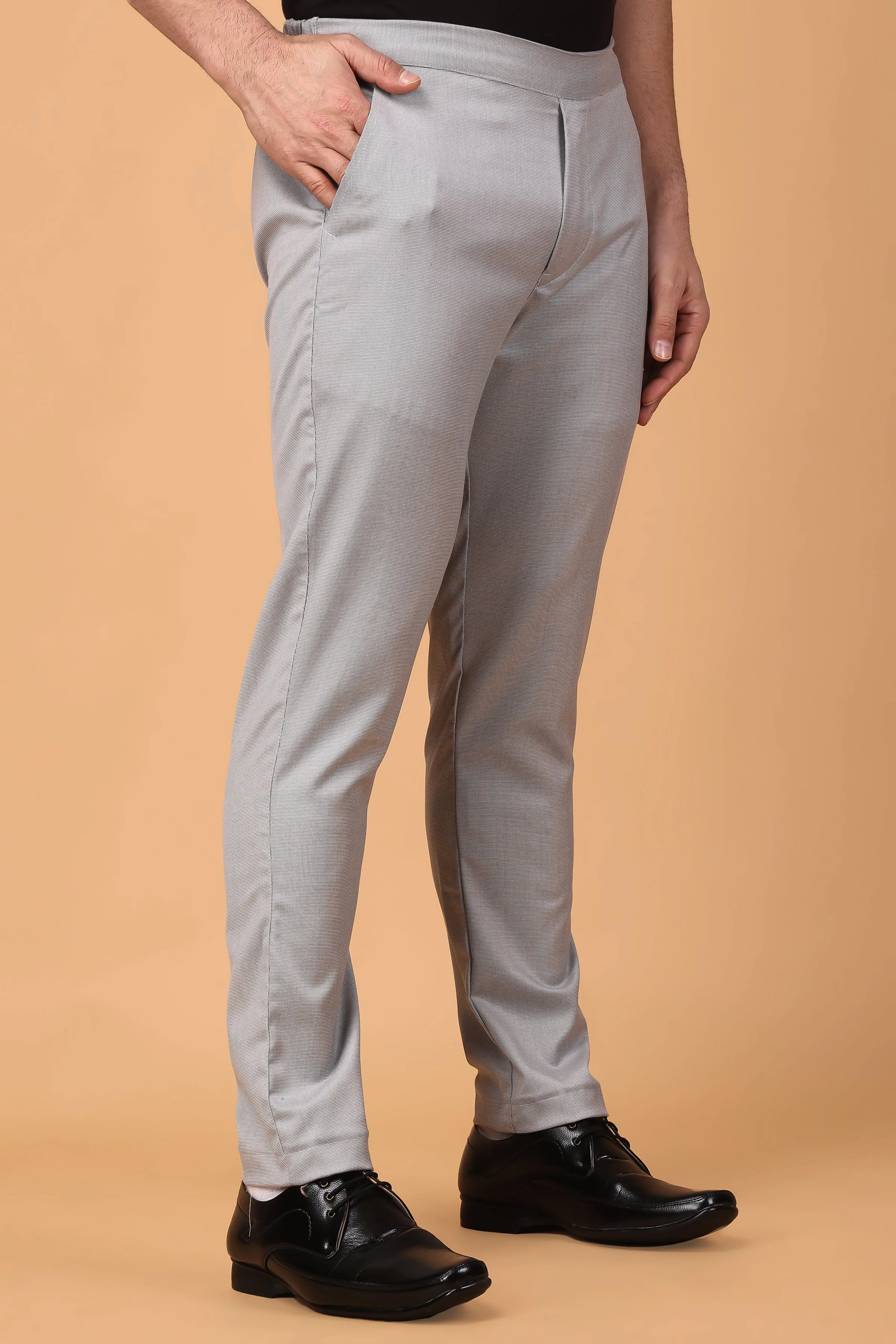 Grey Textured Comfort Fit Formal Trousers