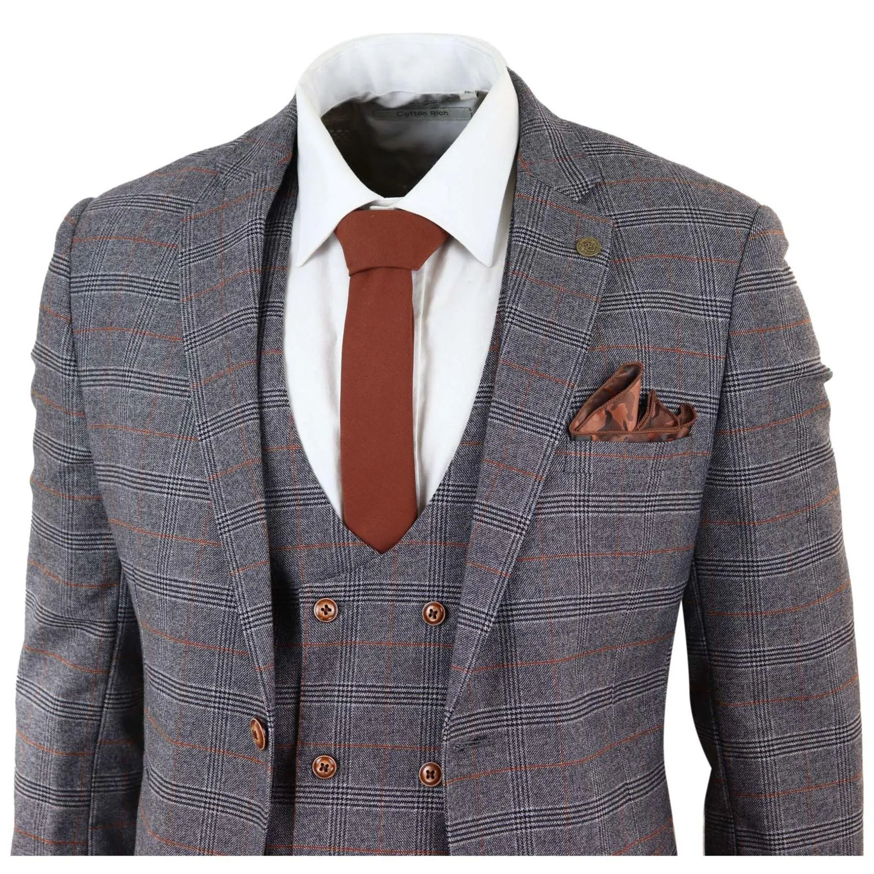 Grey Tweed 3 Piece Suit Prince Of Wales Check Slim Fit Double Breast Waistcoat