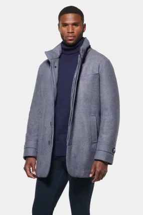 Hooded Cashmere Wool Car Coat, Light Grey Blue Herringbone