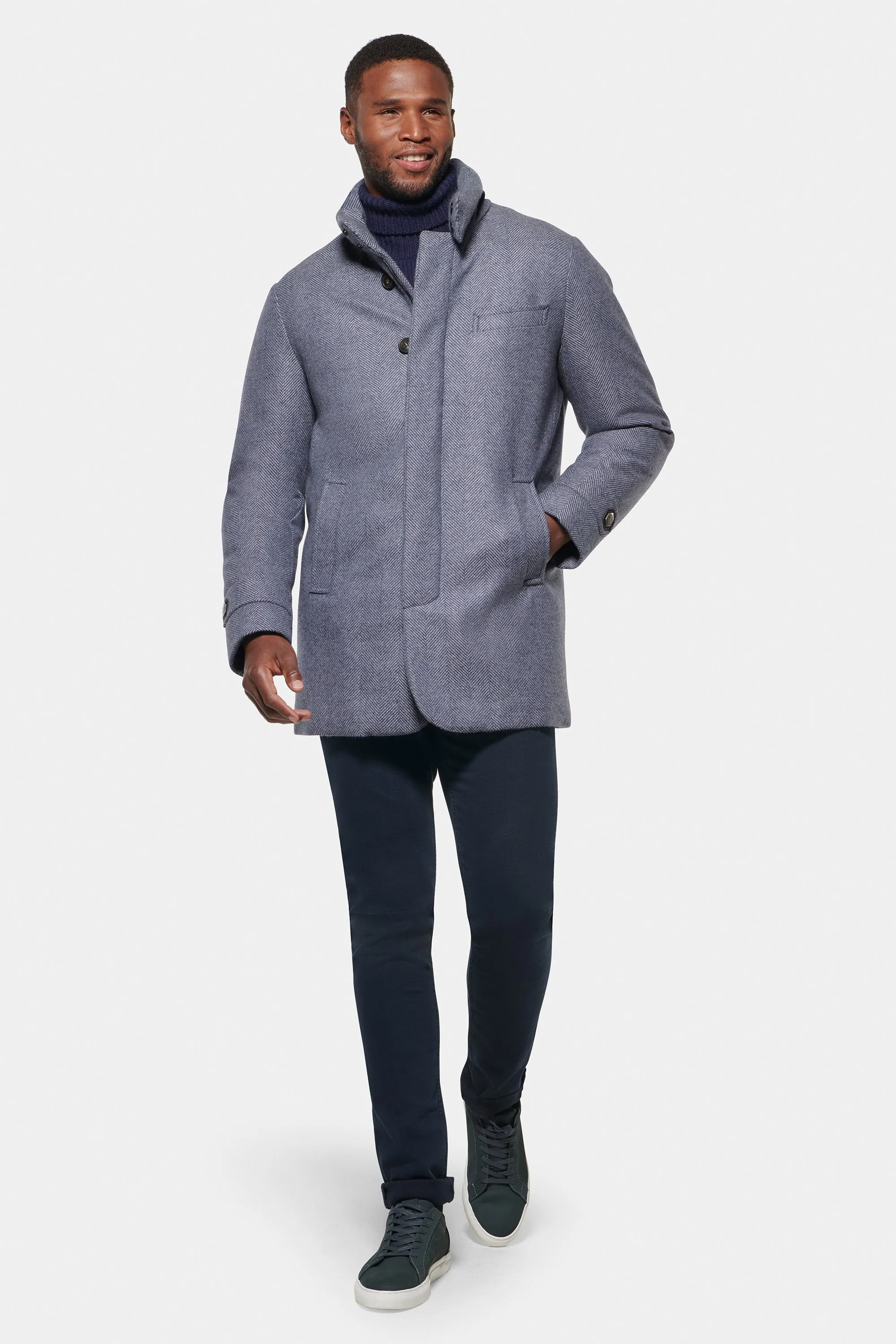 Hooded Cashmere Wool Car Coat, Light Grey Blue Herringbone